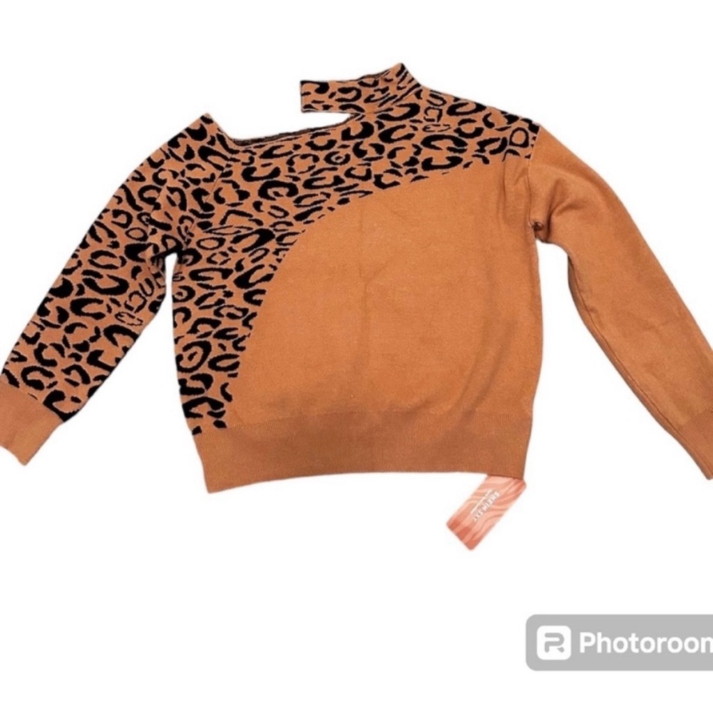 🌹 NWT! SHEIN Black and Tan Leopard Print Cut Out Shoulder Sweater - Size Large